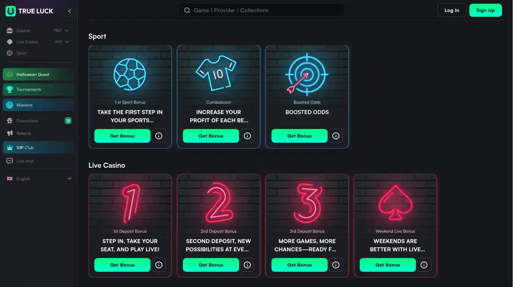 Trueluck welkomstbonus pagina - Slot Welcome Pack en Live Casino bonus aanbiedingen