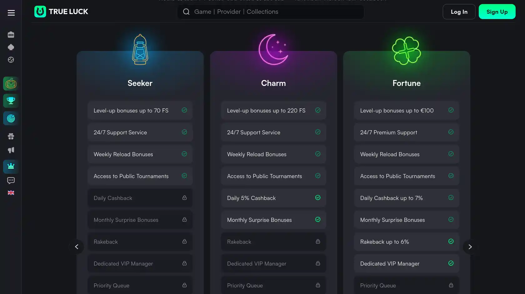 Trueluck VIP-programma niveaus - van Seeker tot TrueApex met cashback en rakeback